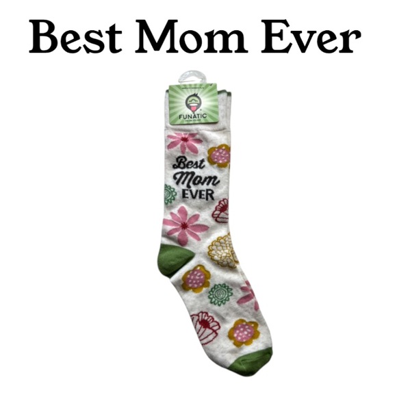 NWT Funatic “Best Mom Ever” Women’s Off White Socks With Retro Looking Flowers - Picture 1 of 5